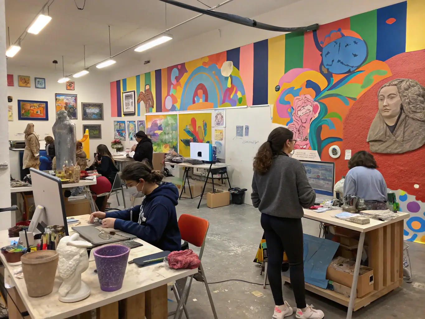 A lively artistic gathering with artists and community members engaging in discussions, workshops, and collaborative art projects in a creative studio space.