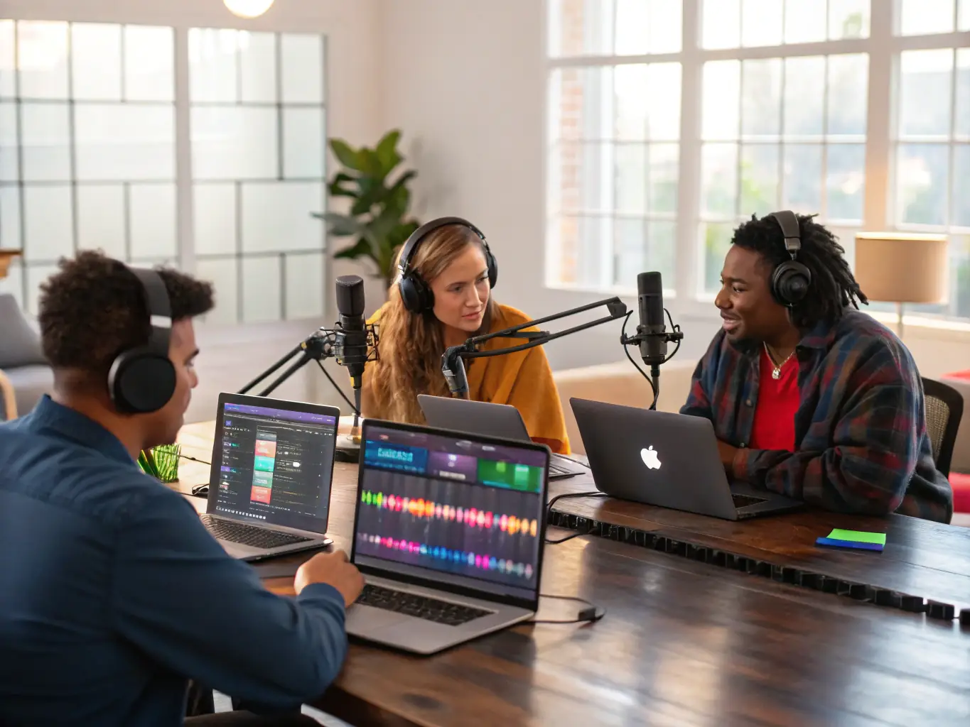 An image showcasing a workshop session where participants are actively engaged in creating podcast content, reflecting the hands-on learning experience provided by Haut Parleuses.