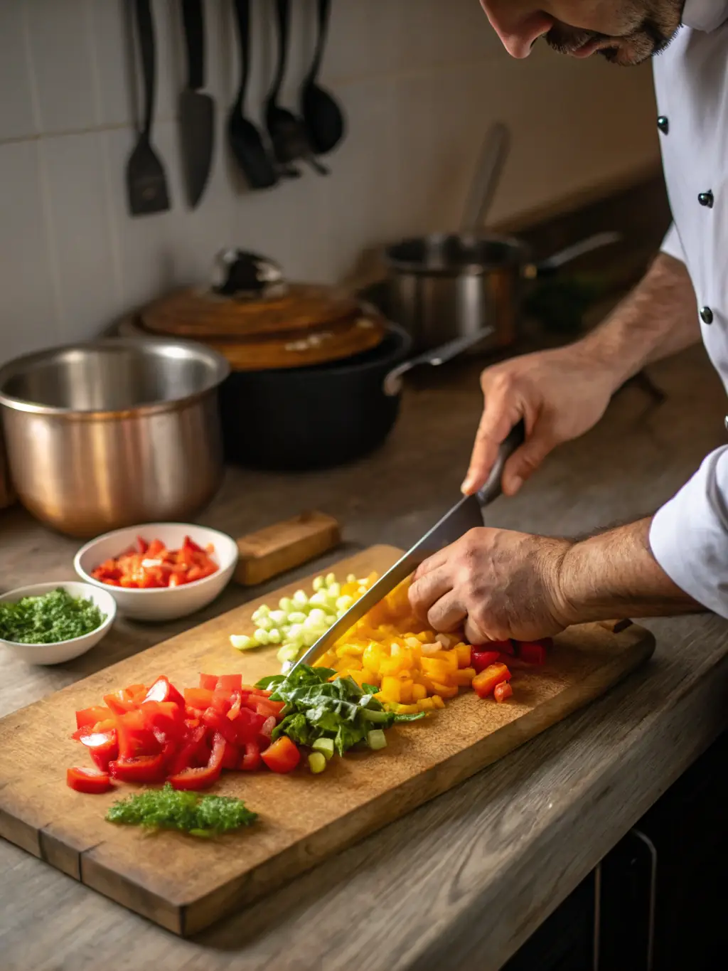 A photograph of a culinary art demonstration, with a chef preparing a dish using local ingredients.