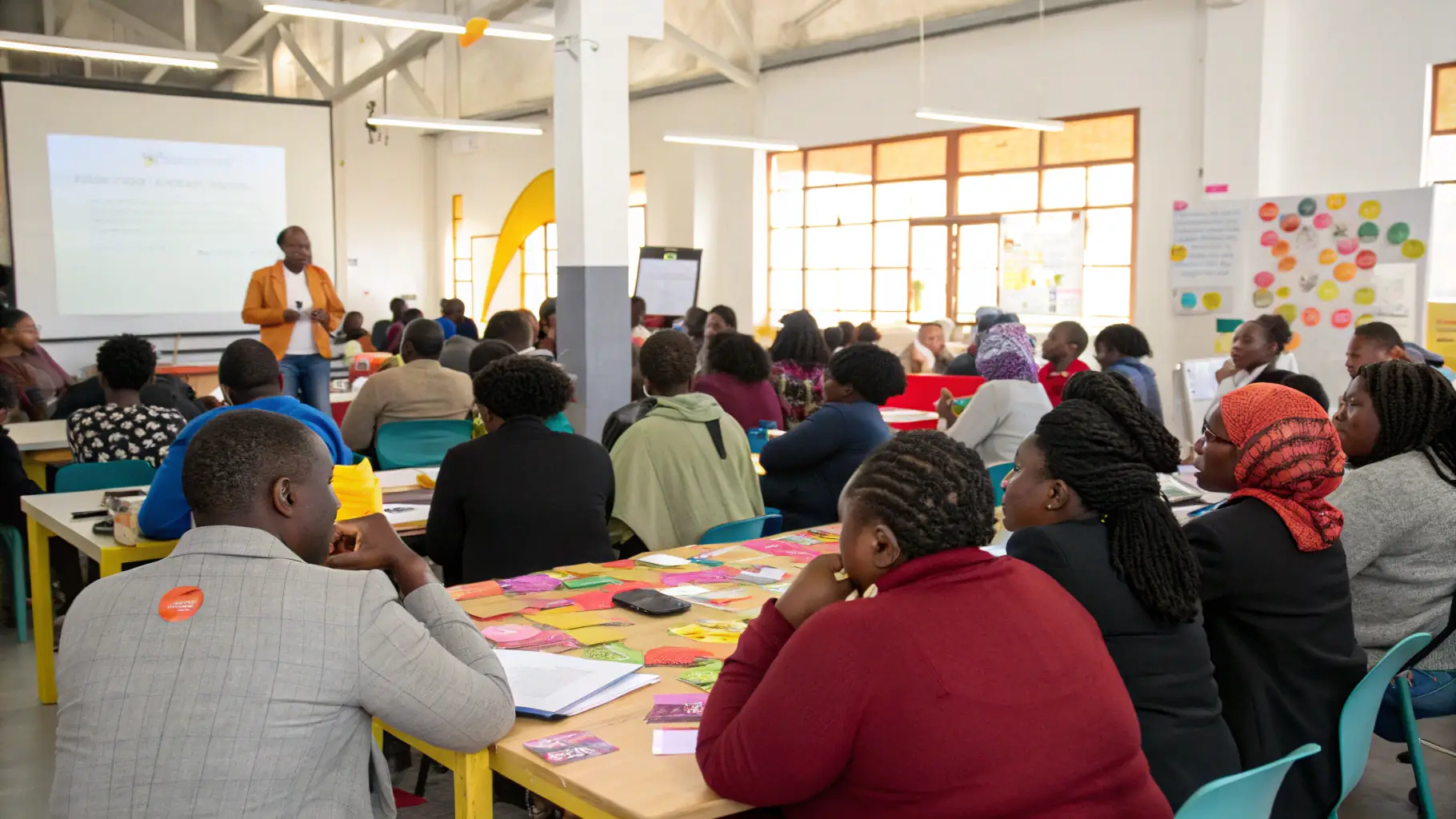 A vibrant scene from the Feminisms & Podcasts Festival, showcasing a diverse group of attendees engaged in a panel discussion.