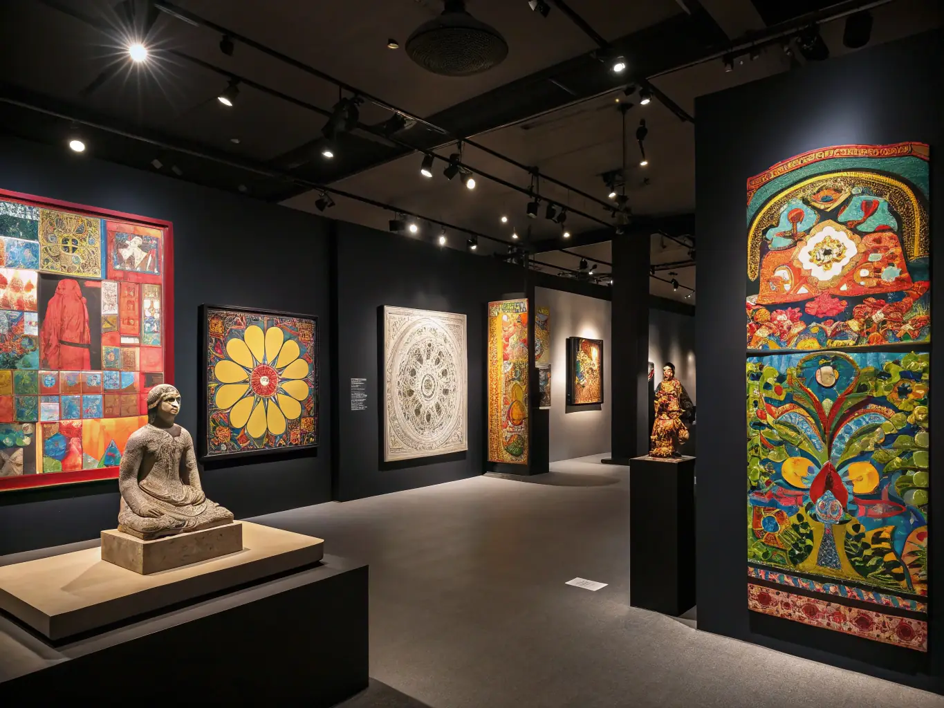 A vibrant art exhibition featuring paintings, sculptures, and mixed media works by local artists, displayed in a well-lit gallery setting.