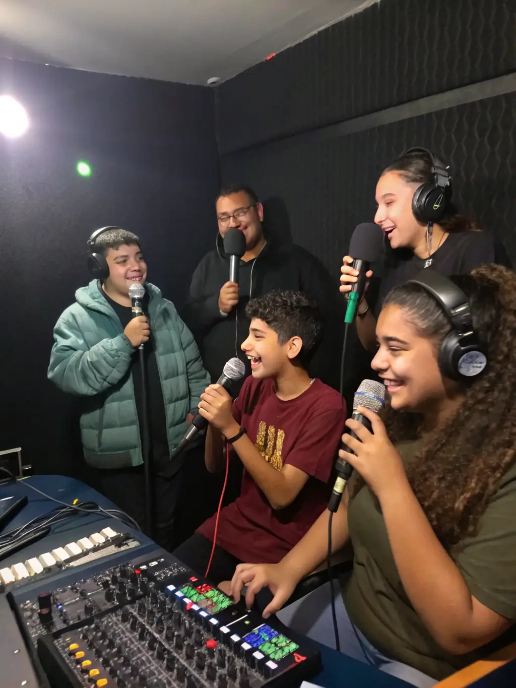 A dynamic image of a podcasting workshop in progress, showing participants actively engaged in learning about audio production and storytelling.