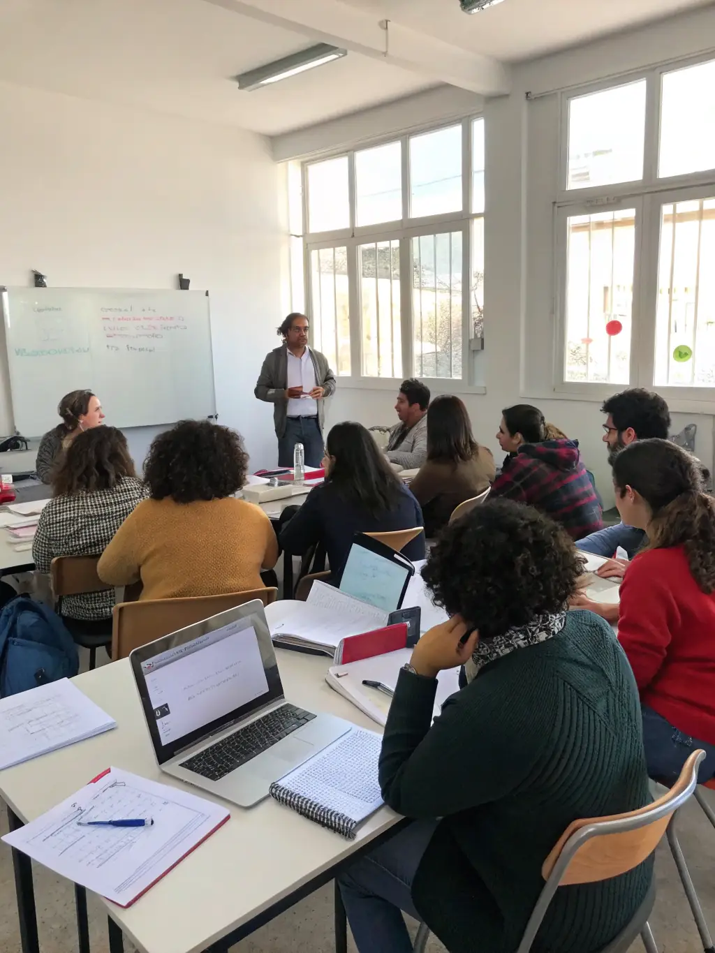 A vibrant photo capturing a workshop session at the Feminisms & Podcasts Festival, with participants actively engaged in a discussion about podcasting techniques.