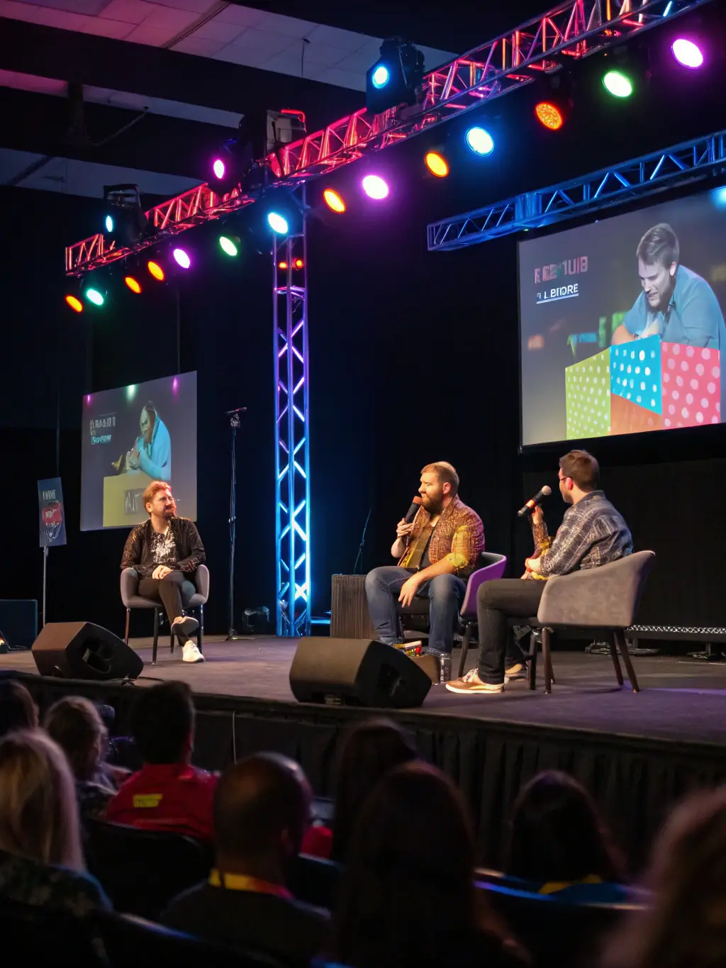 A vibrant photograph capturing a panel discussion at the Feminisms & Podcasts Festival, featuring diverse speakers and an engaged audience.