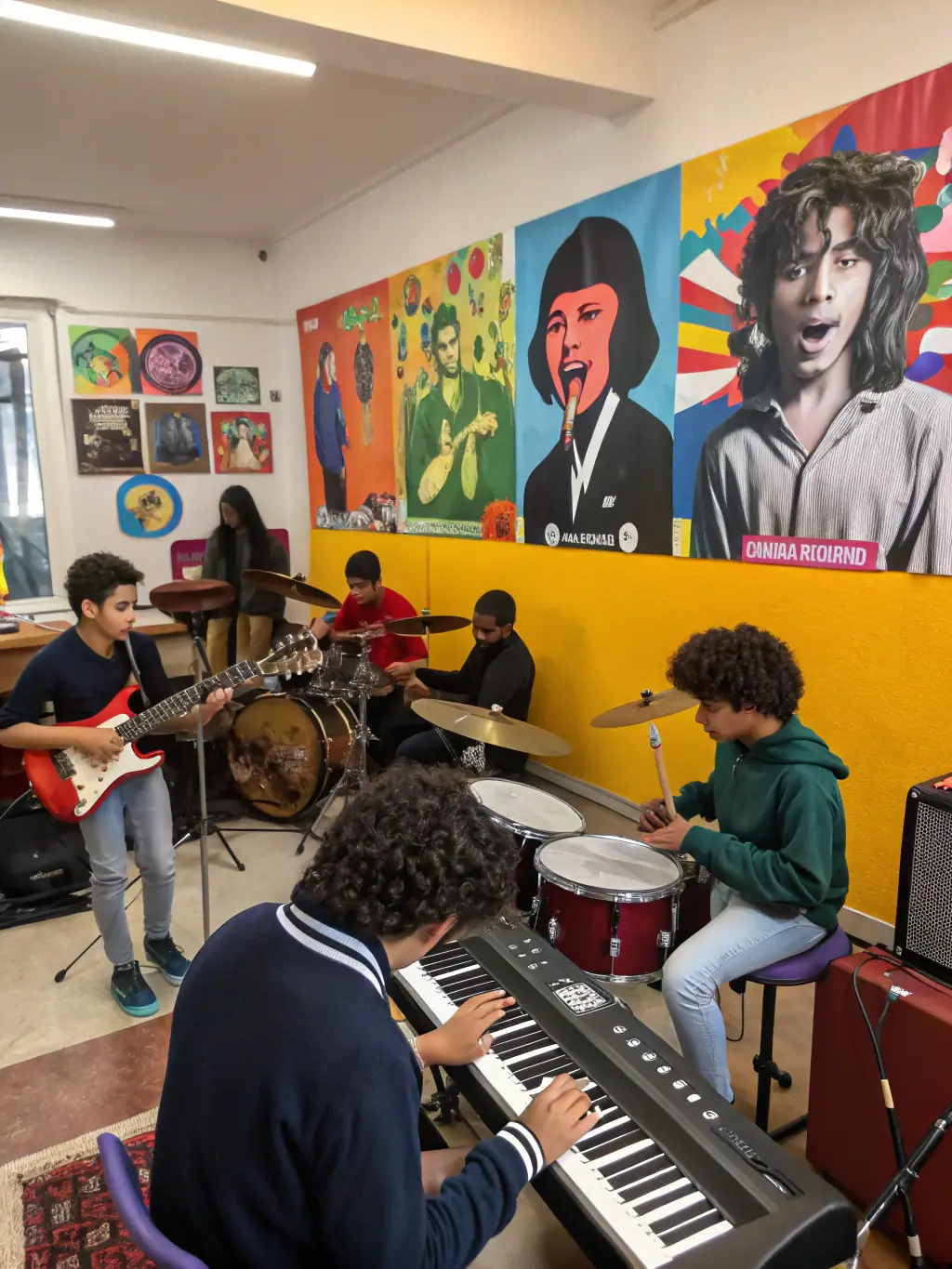 A picture of young students engaged in a music workshop, emphasizing the educational initiatives.