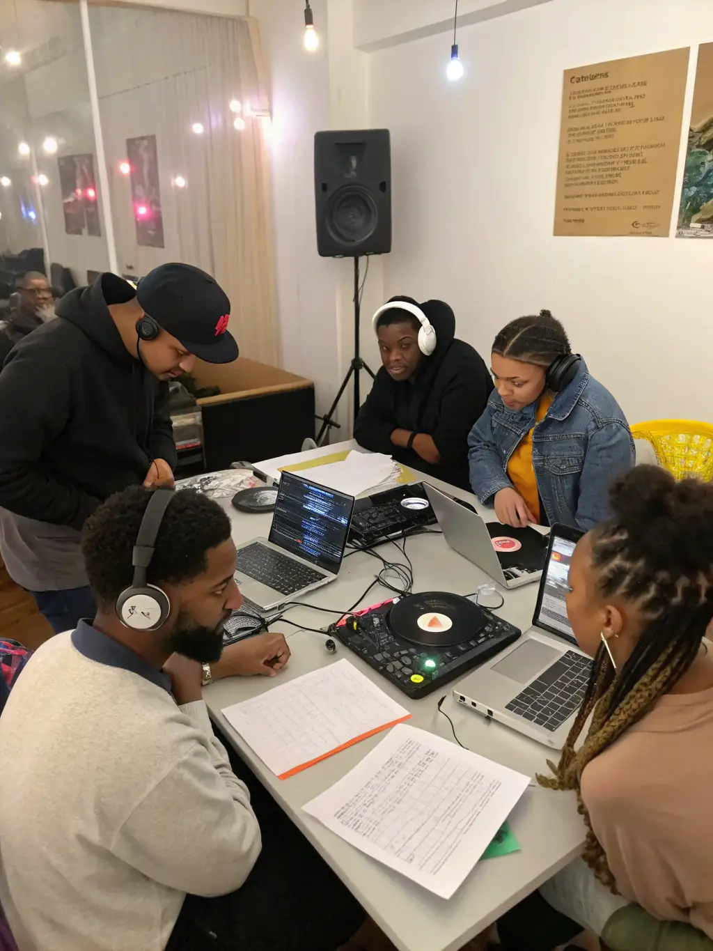 A photo of a diverse group of people attending a music distribution workshop, highlighting the distribution program.