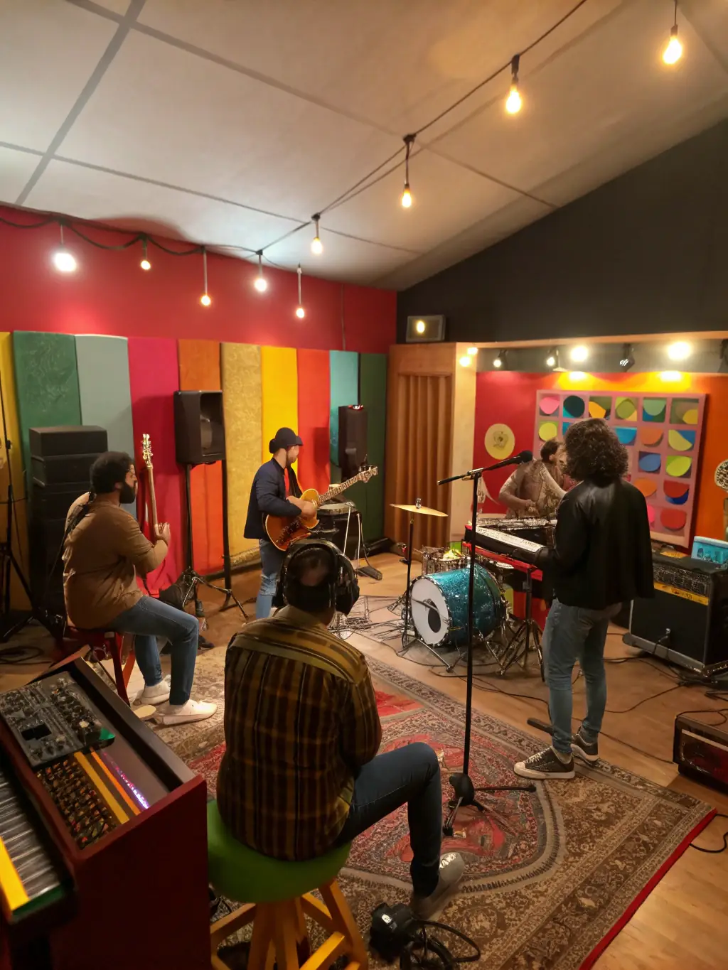 A vibrant image of musicians collaborating in a modern recording studio, showcasing the music production program.