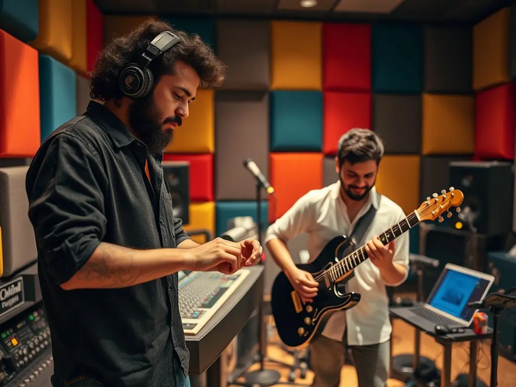 A vibrant image capturing a live sound recording session with local artists in a professional studio setting, showcasing the collaborative environment and high-quality equipment used by ASSOCIATION CARAPACE ROSE.